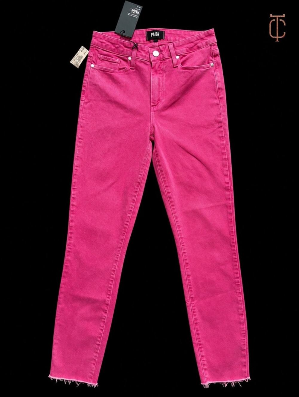 PAIGE Women's Hoxton High Rise Ankle Skinny Jeans Hot Pink Raw Hem 27 NWT